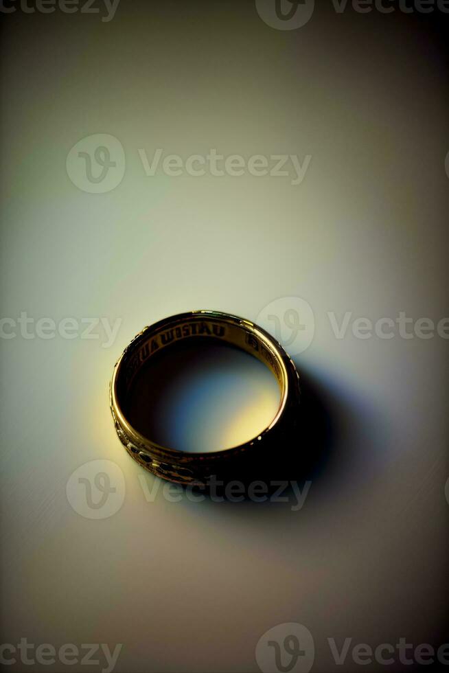 een dichtbij omhoog van een ring Aan een tafel. ai gegenereerd foto