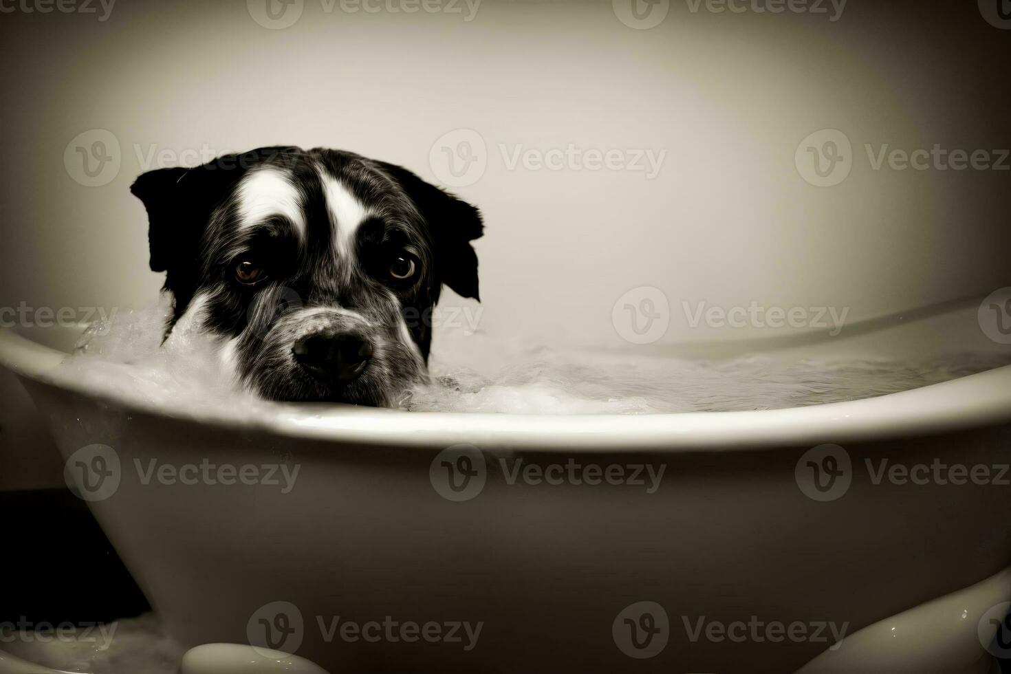een zwart en wit hond nemen een bad in een bad. ai gegenereerd foto