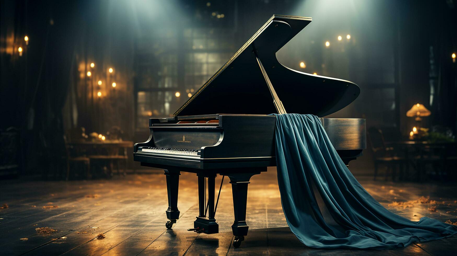 een oud groots piano in de midden- van donker blanco kamer met god stralen licht het omhoog ai genereren foto