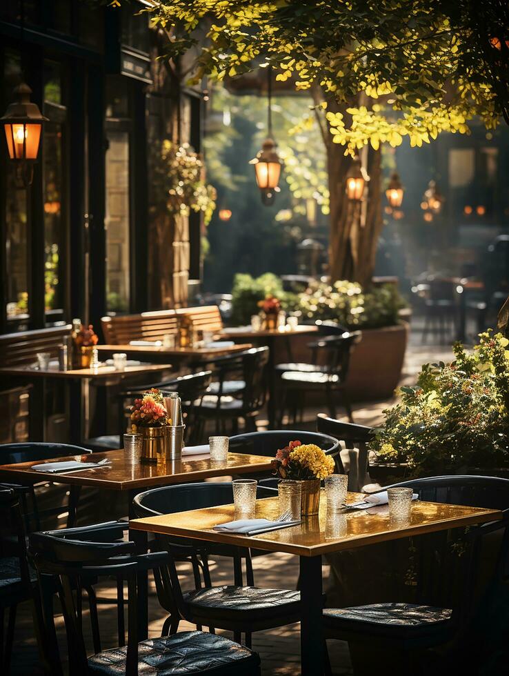 fotografie van buitenshuis cafe in daglicht met glad verlichting ai gegenereerd foto