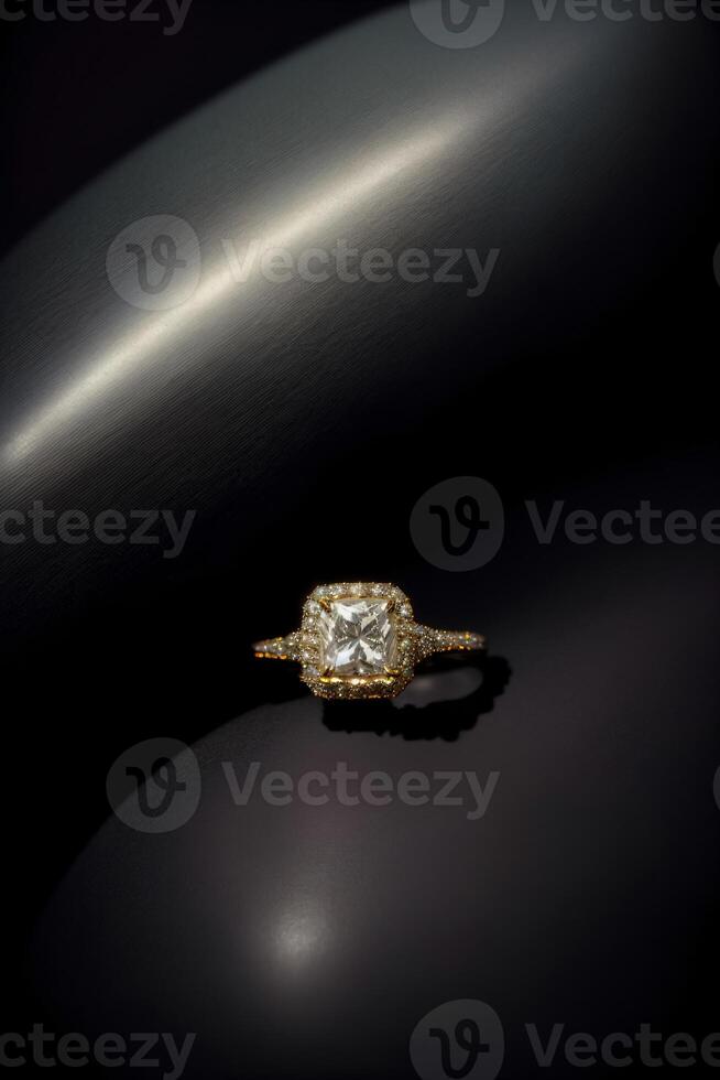 een diamant ring zittend Aan top van een zwart oppervlak. ai gegenereerd foto