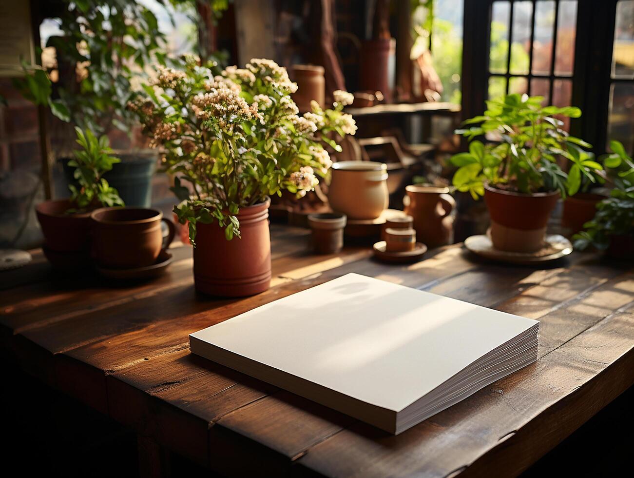 papier Aan de houten tafel, echt fotografie met glad verlichting en zon licht ai genereren foto