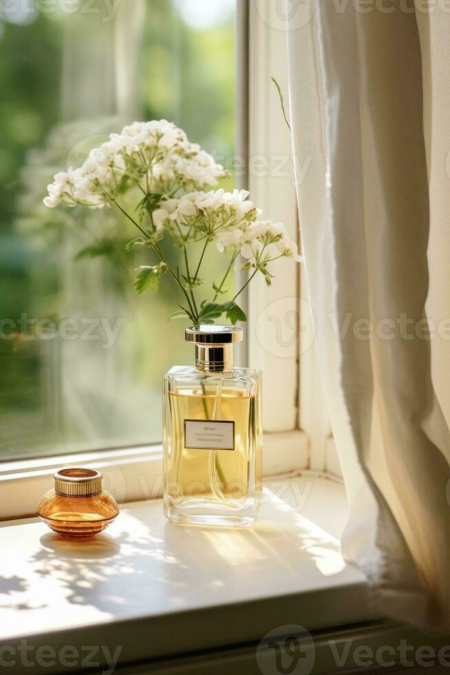 glas parfum fles met bloemen foto