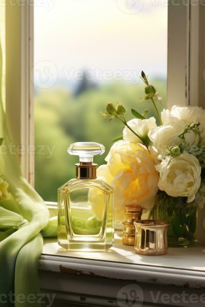 glas parfum fles met bloemen foto