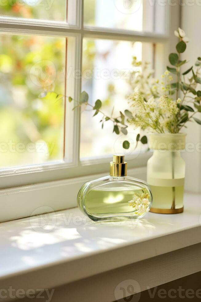 glas parfum fles met bloemen foto