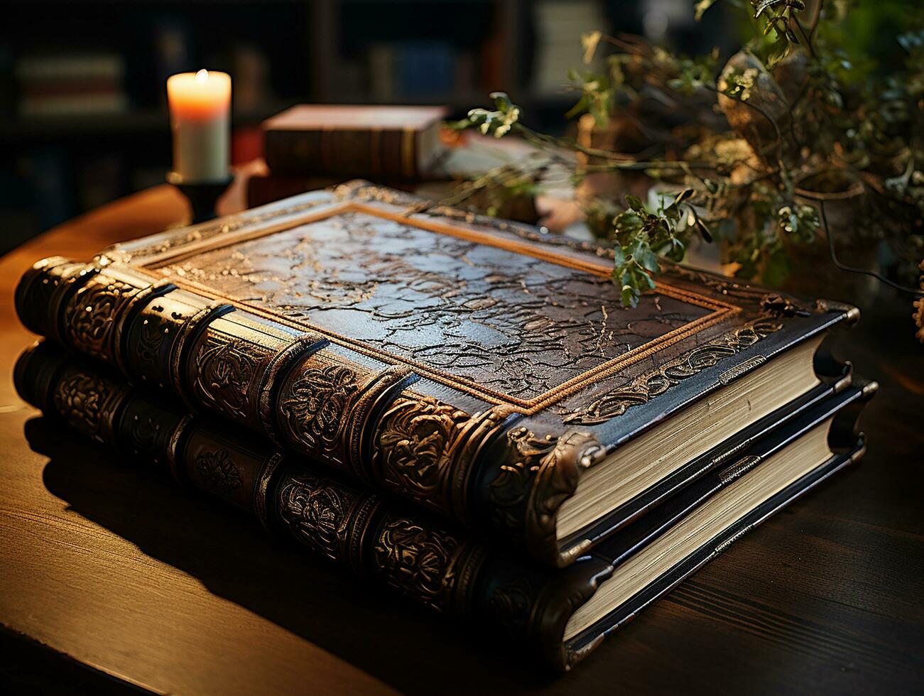 een fotografie van boek Aan de houten tafel, in de bibliotheek ai generatief foto