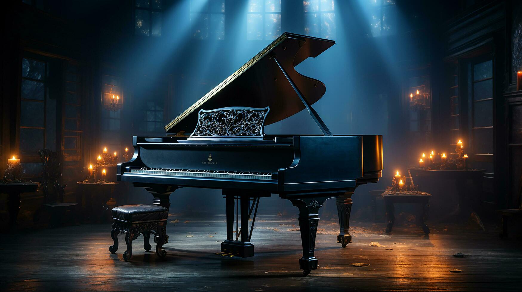 een oud groots piano in de midden- van donker blanco kamer met god stralen licht het omhoog ai genereren foto