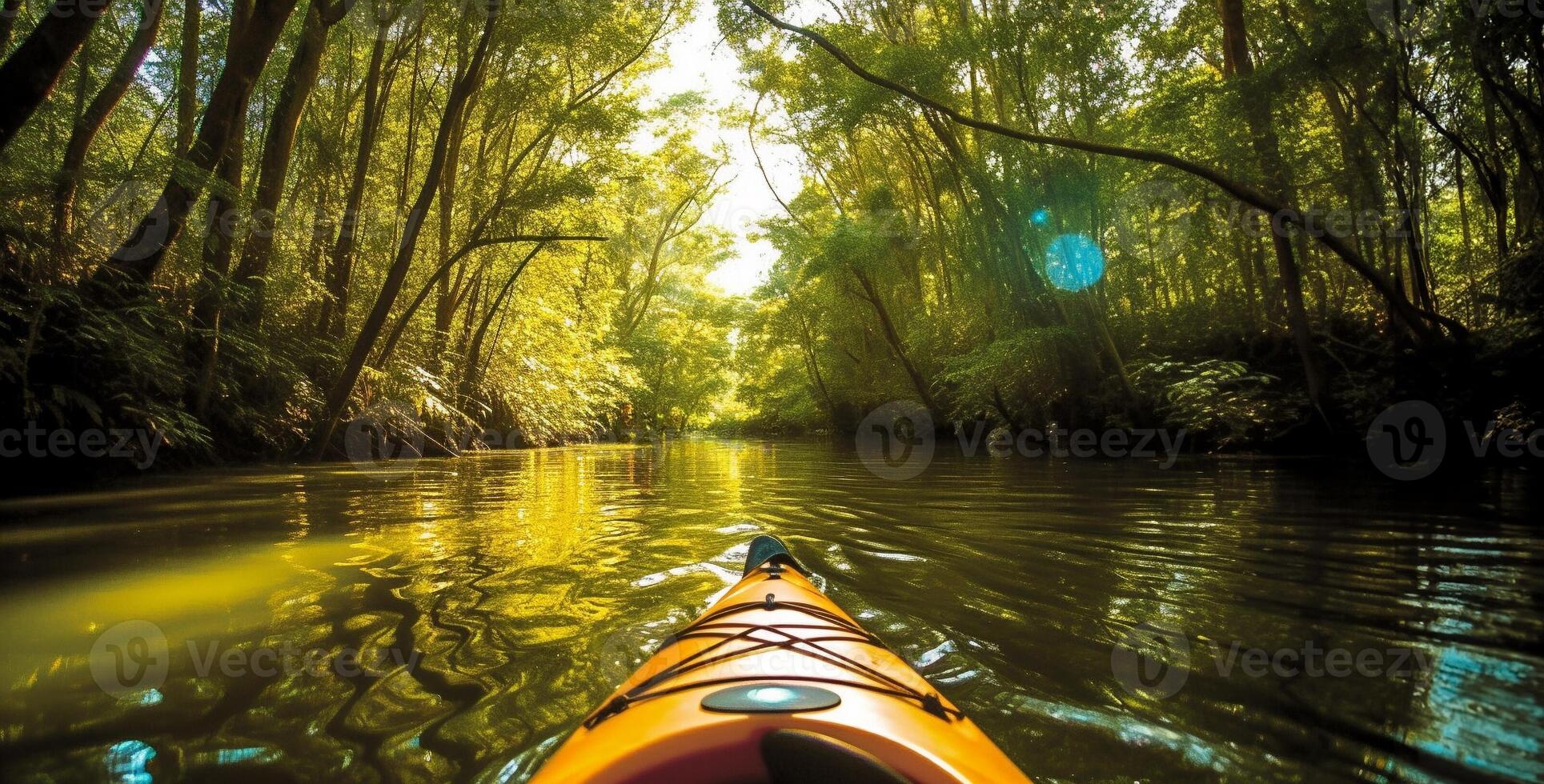 illustratie van zomer water sport- kajakken in een stil rivier- omringd door weelderig groen. ai generatief. foto