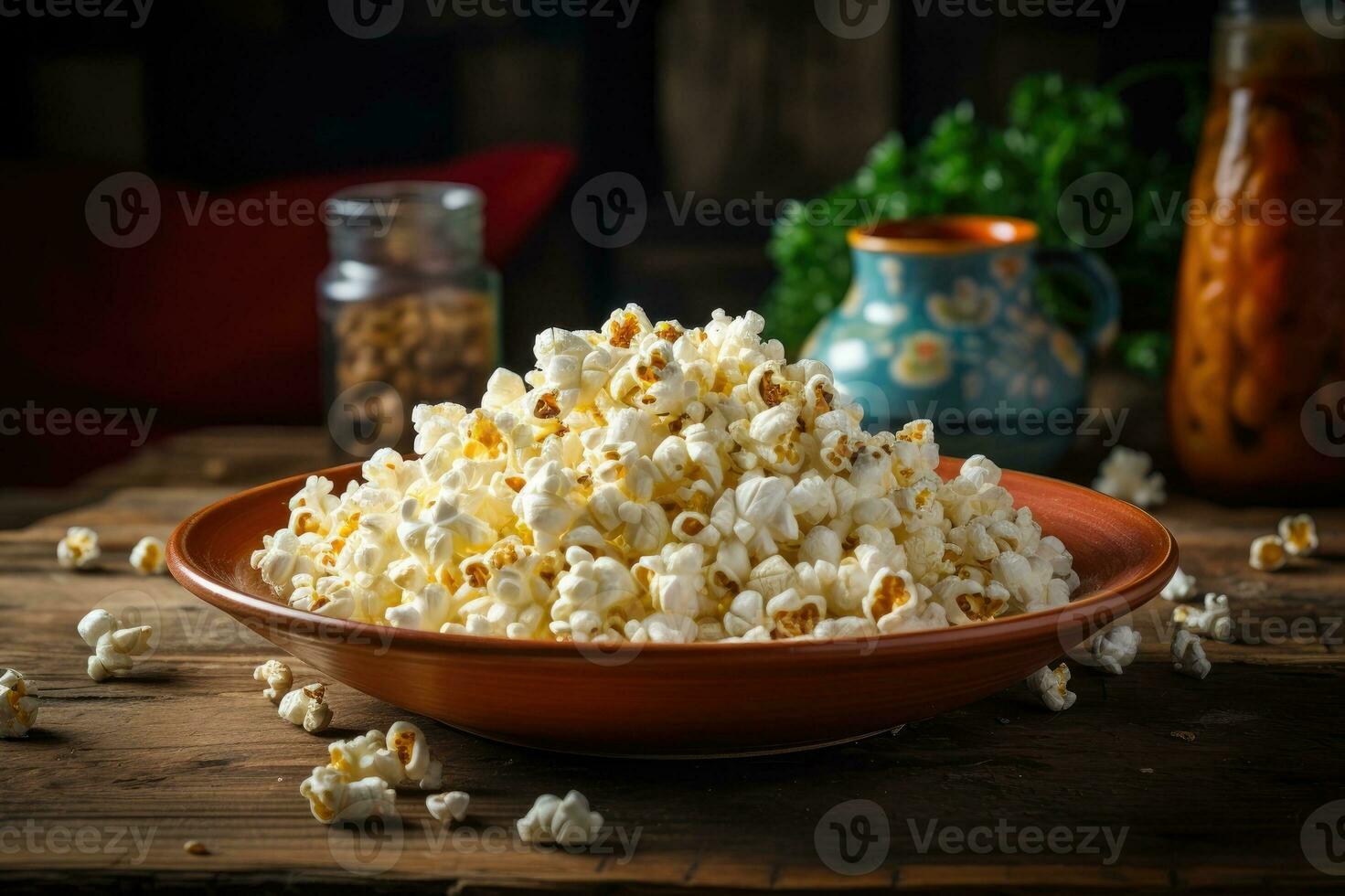 popcorn in een kom Aan de tafel. generatief ai foto