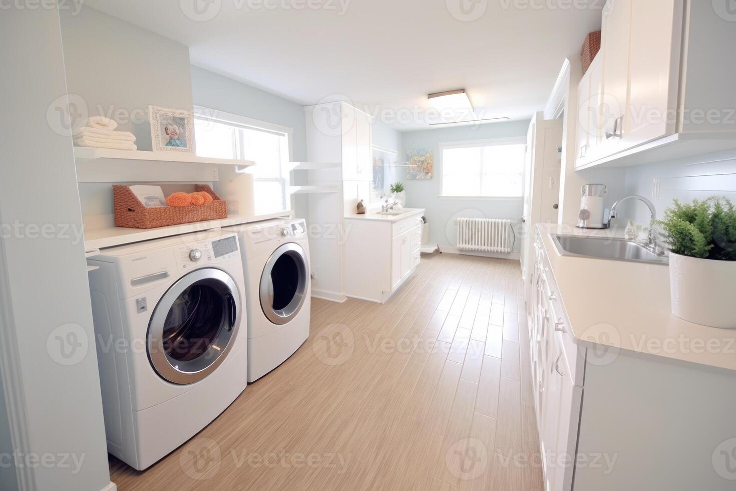 interieur schoon wit wasserij kamer met voorkant laden wasmachine en droger eenheden. generatief ai foto