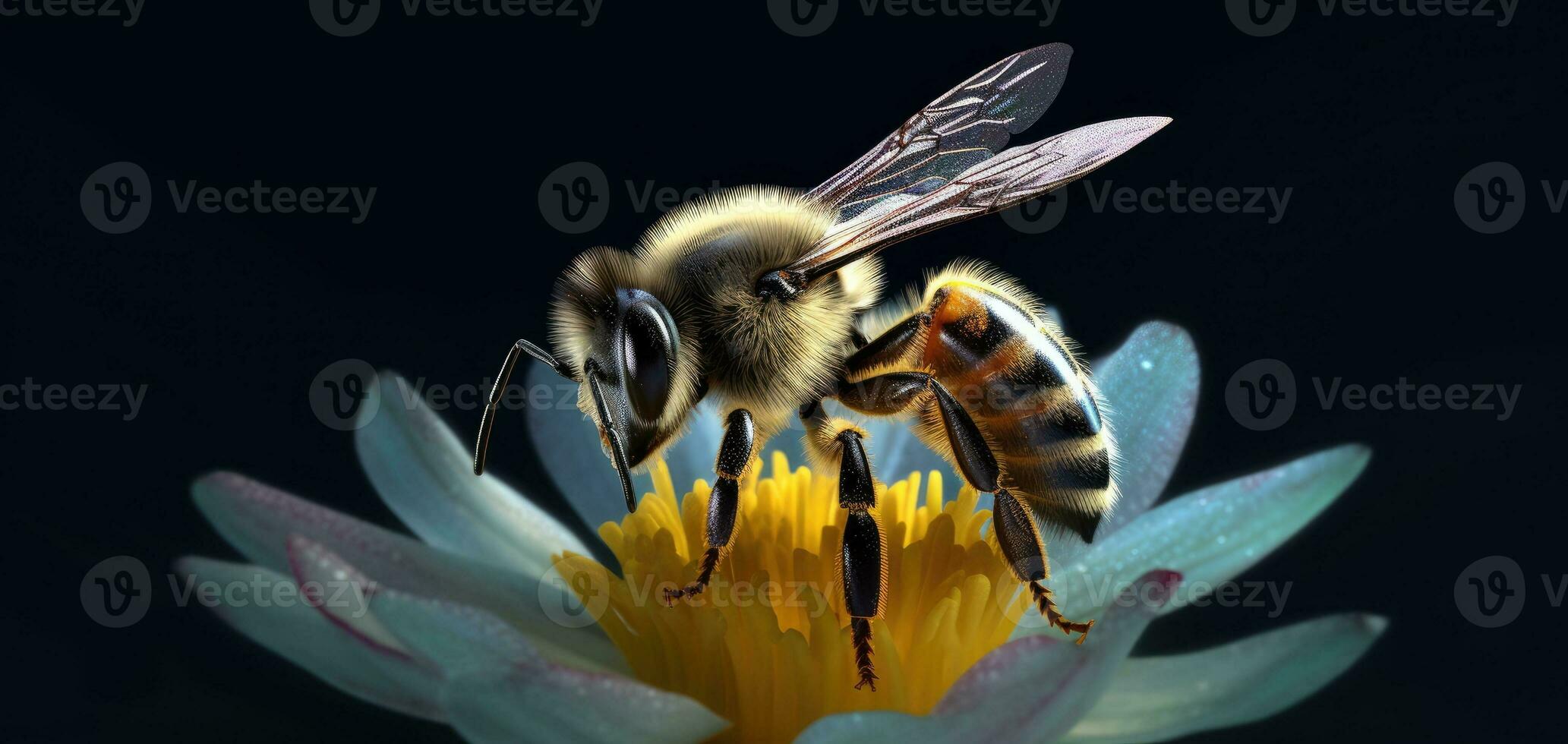 honing bij zit Aan een bloem en verzamelt nectar. dichtbij - omhoog van een werken insect. generatief ai foto