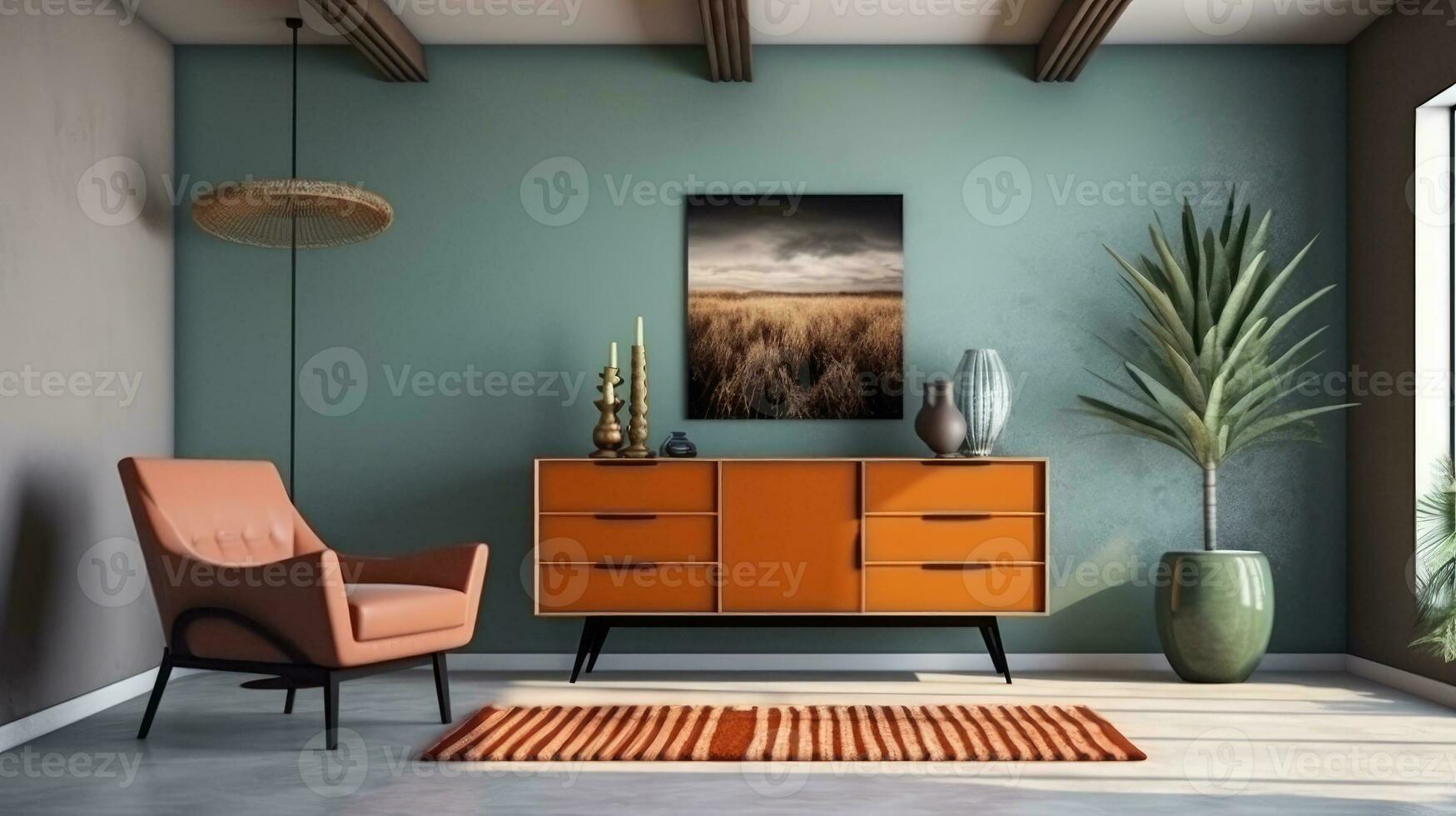 interieur ontwerp van leven kamer met dressoir en fauteuil, modern huis. generatief ai foto