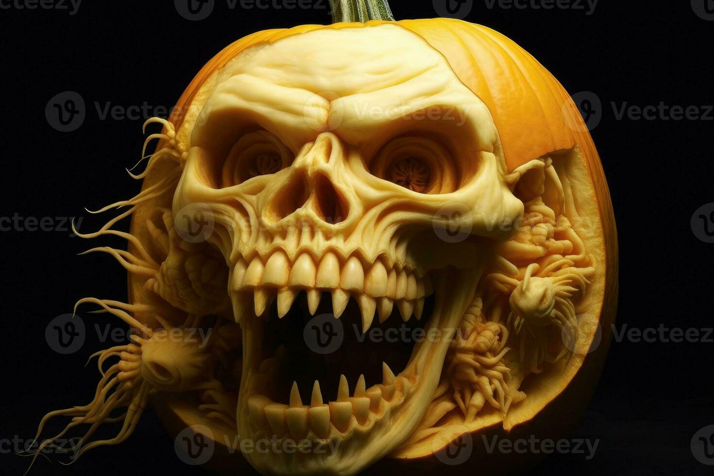 spookachtig halloween gesneden pompoen met een schedel gezicht. generatief ai foto