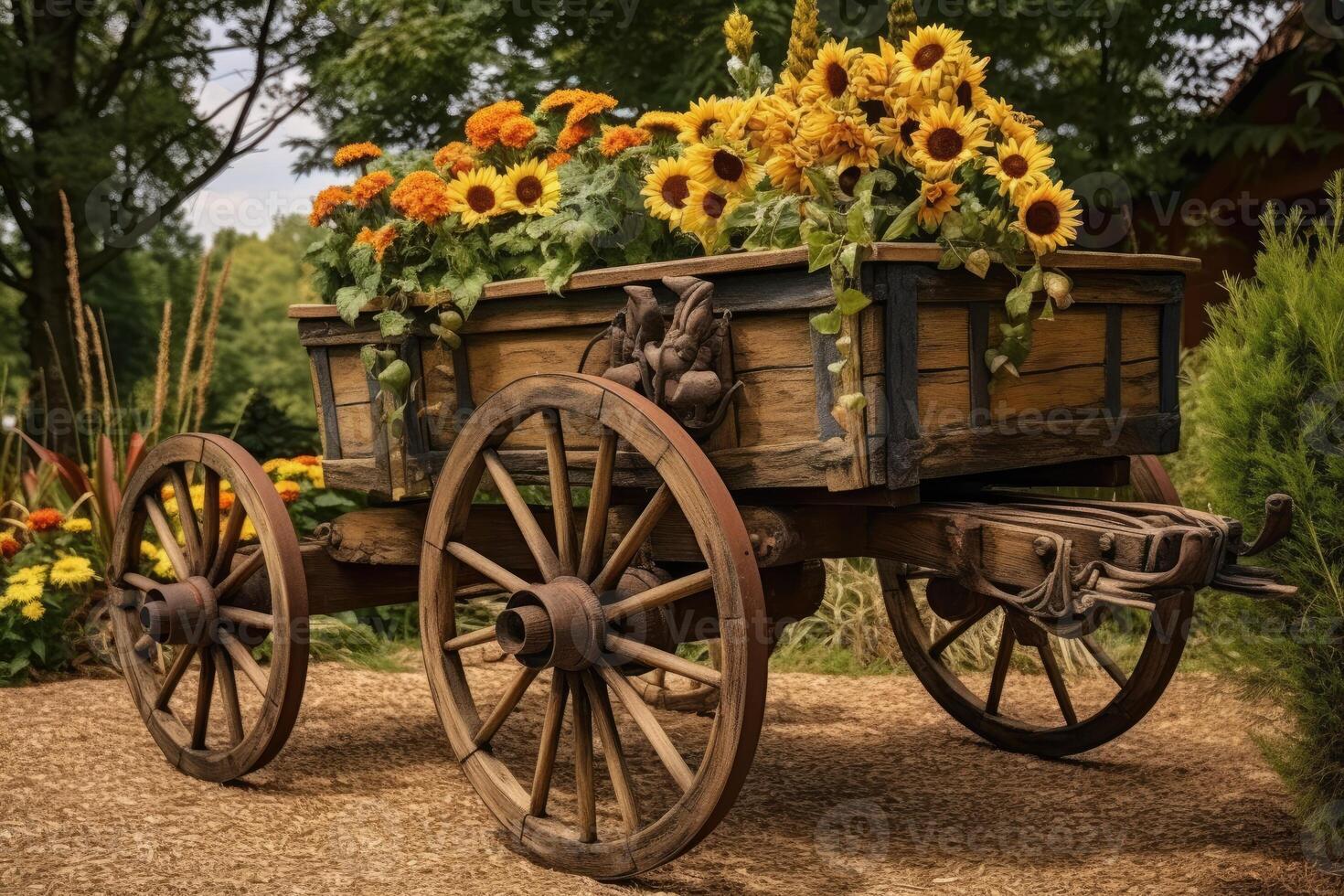 vervoer met houten wielen net zo decoratie voor bloemen. generatief ai foto