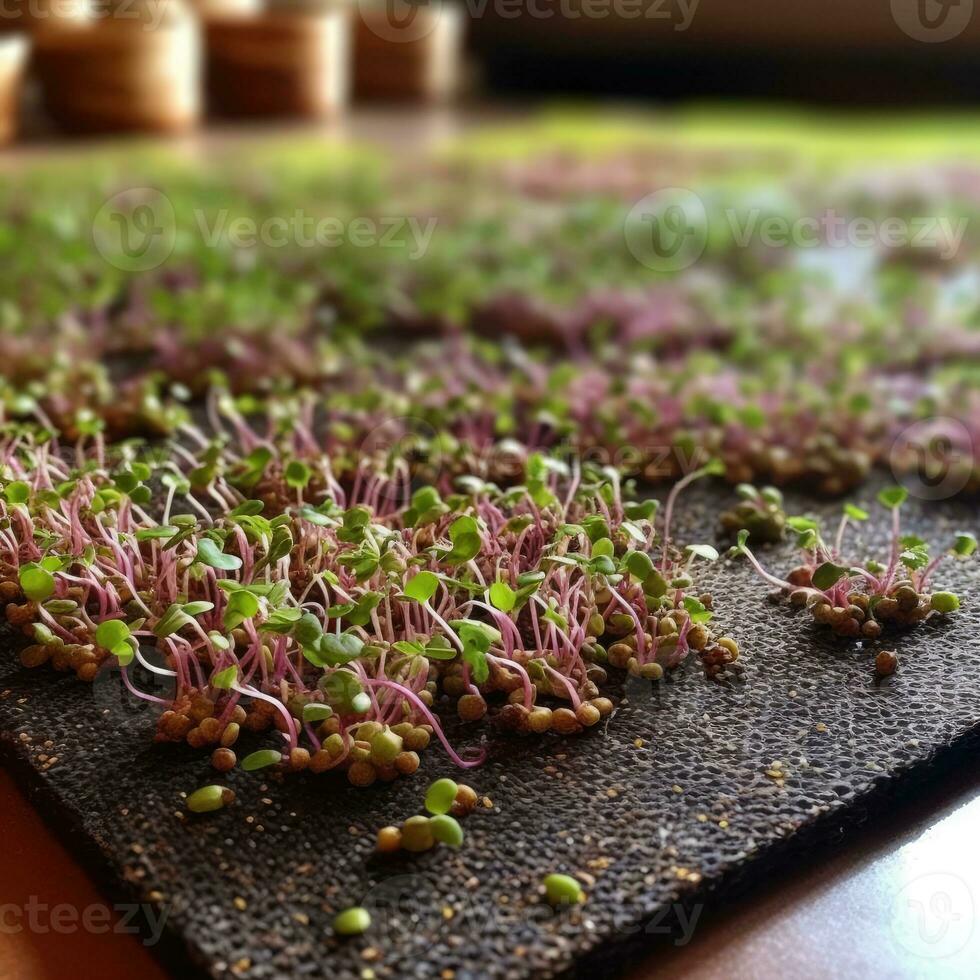 ontspruiten microgreens Aan de hennep biologisch afbreekbaar matten. generatief ai foto