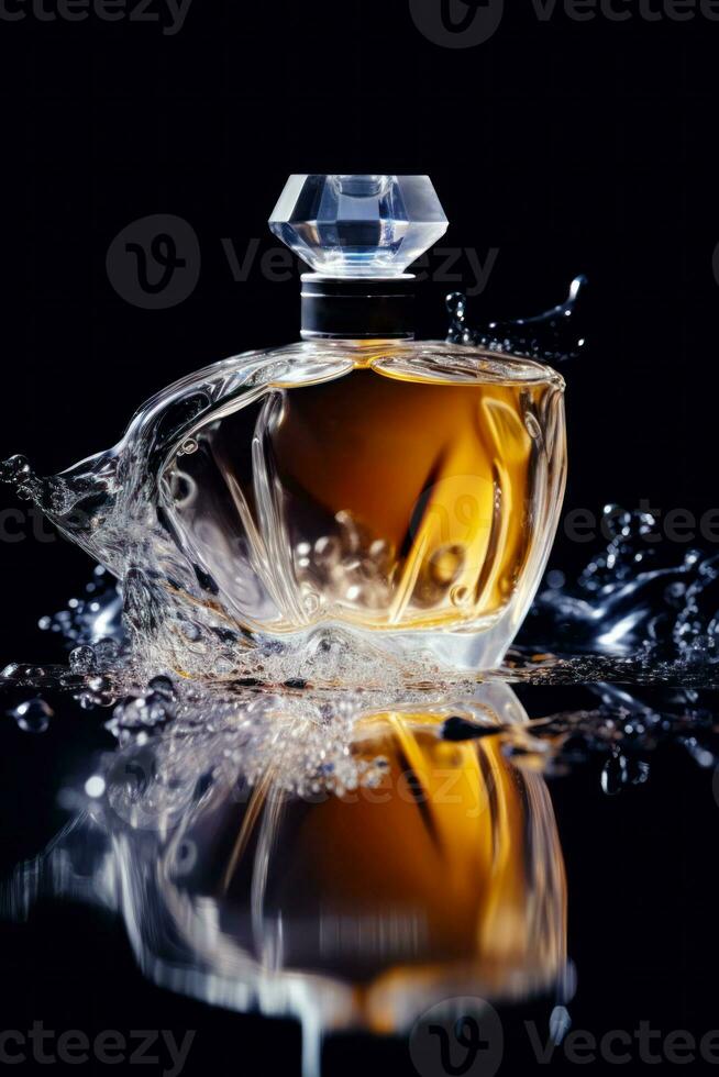 fles van parfum met water spatten in de omgeving van het Aan zwart achtergrond. generatief ai foto