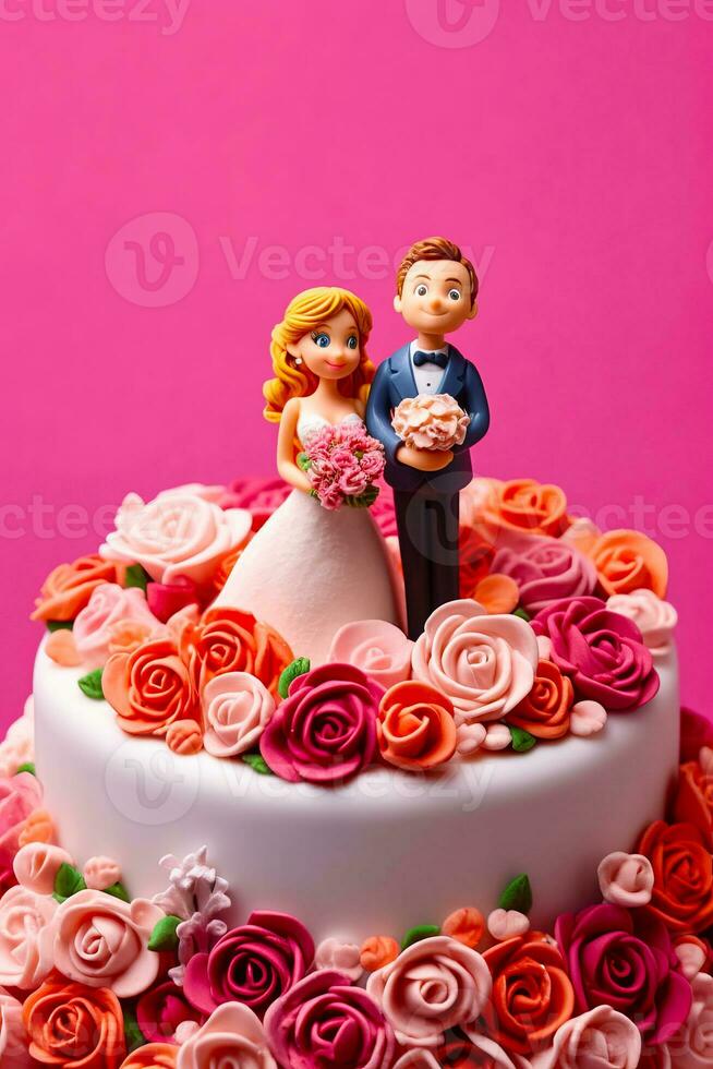 bruiloft taart met bruid en bruidegom beeldje Aan top van het. generatief ai foto