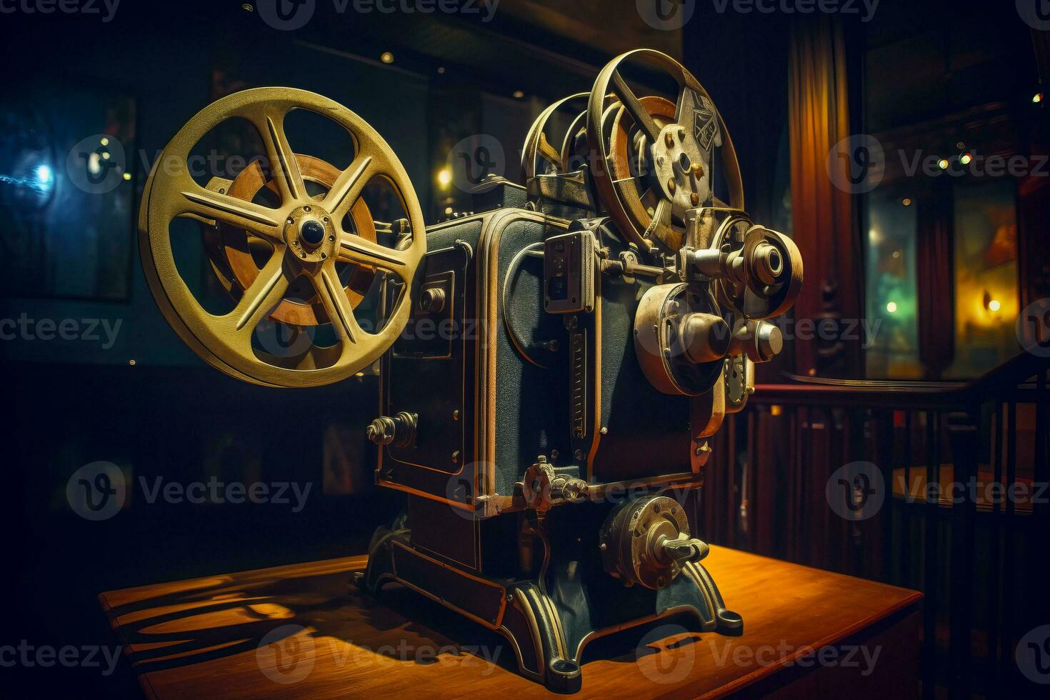 oud film projector zittend Aan top van houten tafel De volgende naar venster. generatief ai foto