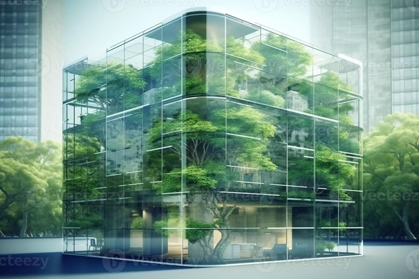 duurzaam groen gebouw. milieuvriendelijk gebouw. duurzame glas kantoor gebouw met boom voor verminderen koolstof dioxide. kantoor met groen omgeving. zakelijke gebouw verminderen co2. generatief ai foto