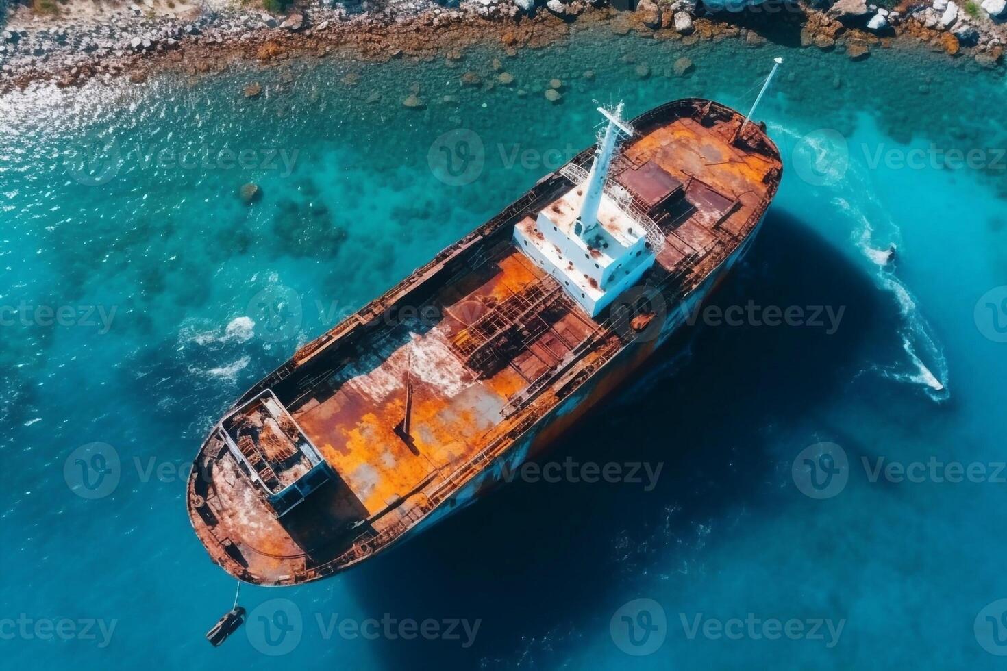 top visie van zinkend tanker schot door drone. omgekeerd tanker vernield Aan zwart zee kust van Odessa. leeg tanker leunde naar een kant en liep aan de grond door gedurende storm met sterk wind. generatief ai foto