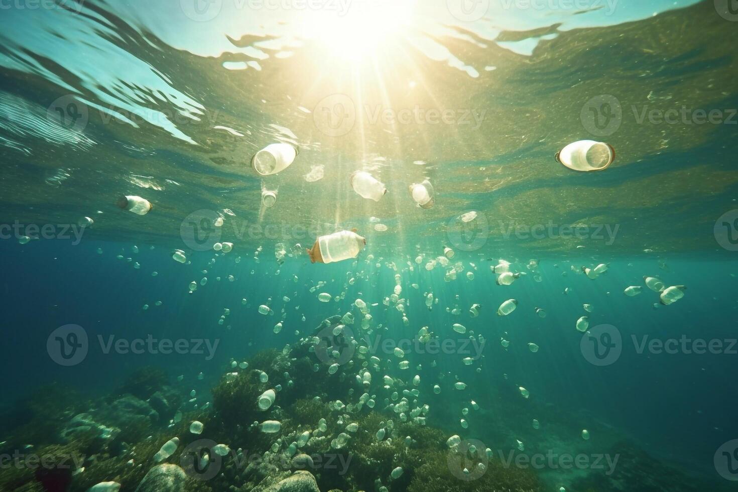 plastic flessen zinkend in naar de oceaan. milieu vervuiling concept. wereld ocaens dag generatief ai foto