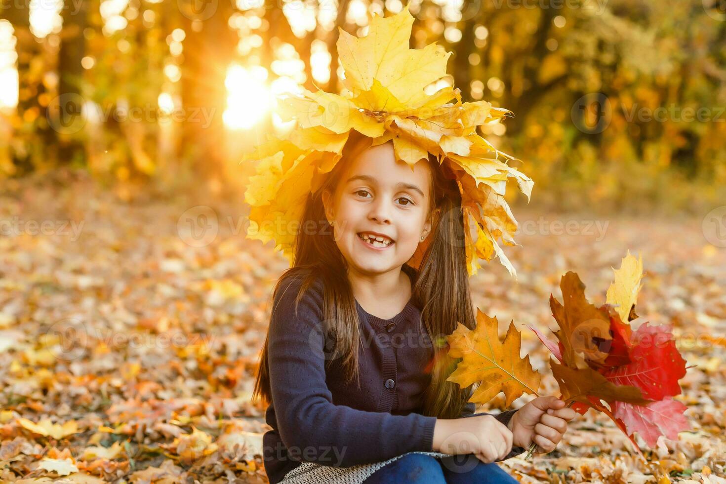 portret van glimlachen kind met krans van bladeren Aan hoofd. achtergrond van zonnig herfst park. foto