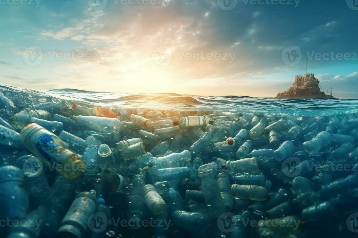 plastic flessen zinkend in naar de oceaan. milieu vervuiling concept. wereld ocaens dag generatief ai foto