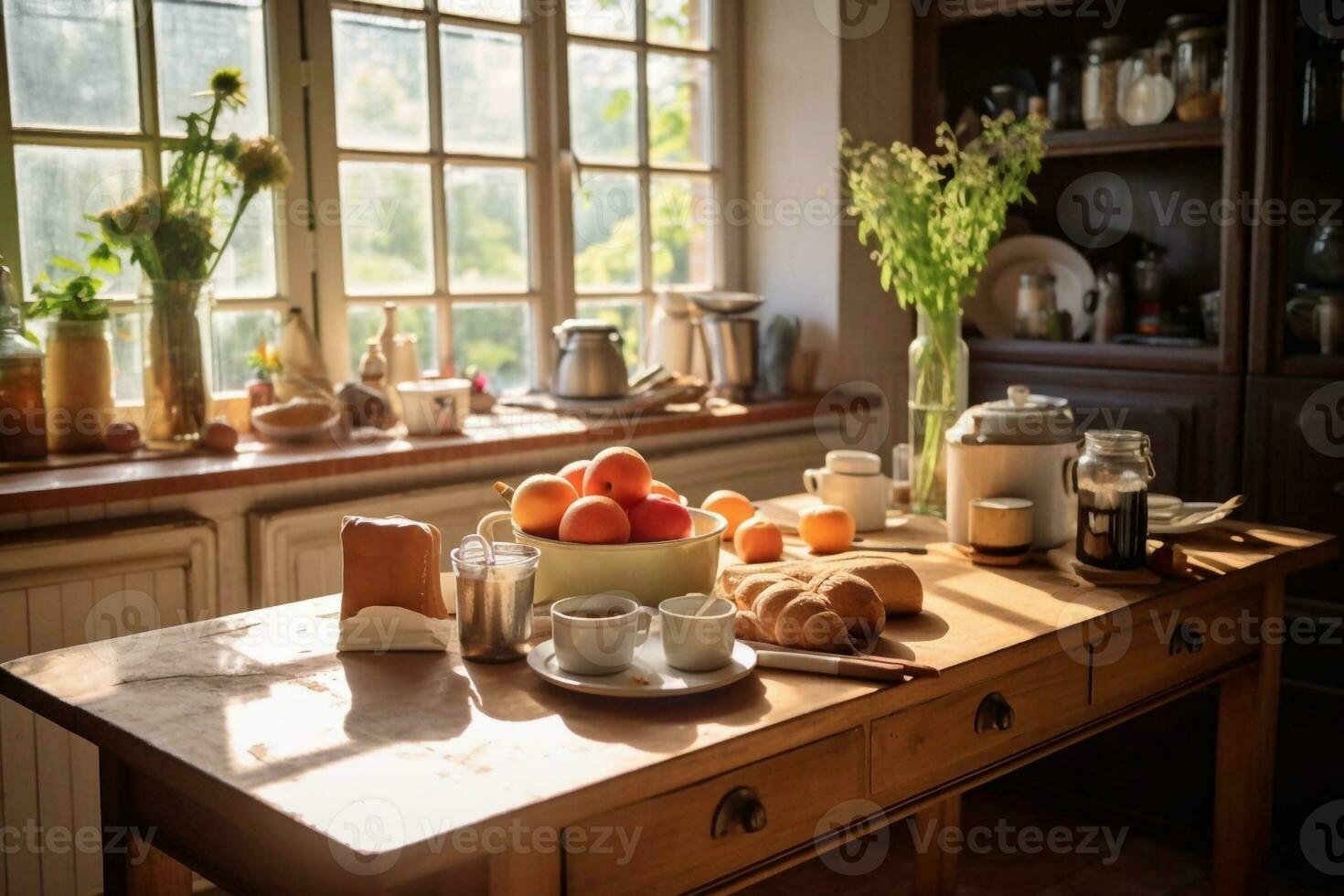 groente salade in glas schaal, vers fruit en groenten Aan keuken tafel generatief ai foto