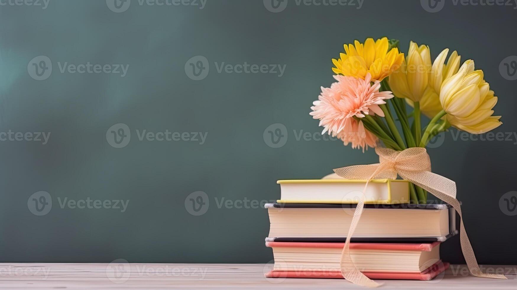 een stack van boeken met een bloem vaas. web banier met kopiëren ruimte. generatief ai foto