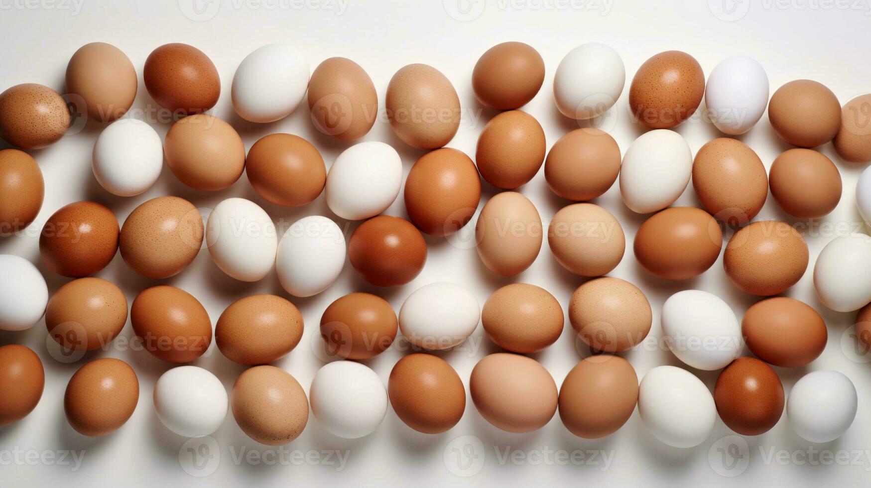 eieren Aan wit verdieping top visie. eieren patroon. wit en bruin kip eieren. naar adverteren de broedmachine, de concept van toekomst kippen. ai gegenereerd foto