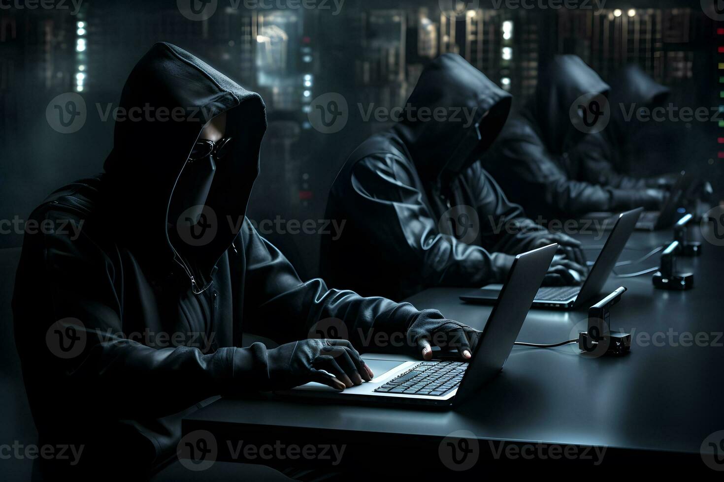 hackers met hoodies typen laptops. hacker groep, organisatie of vereniging. ai gegenereerd foto