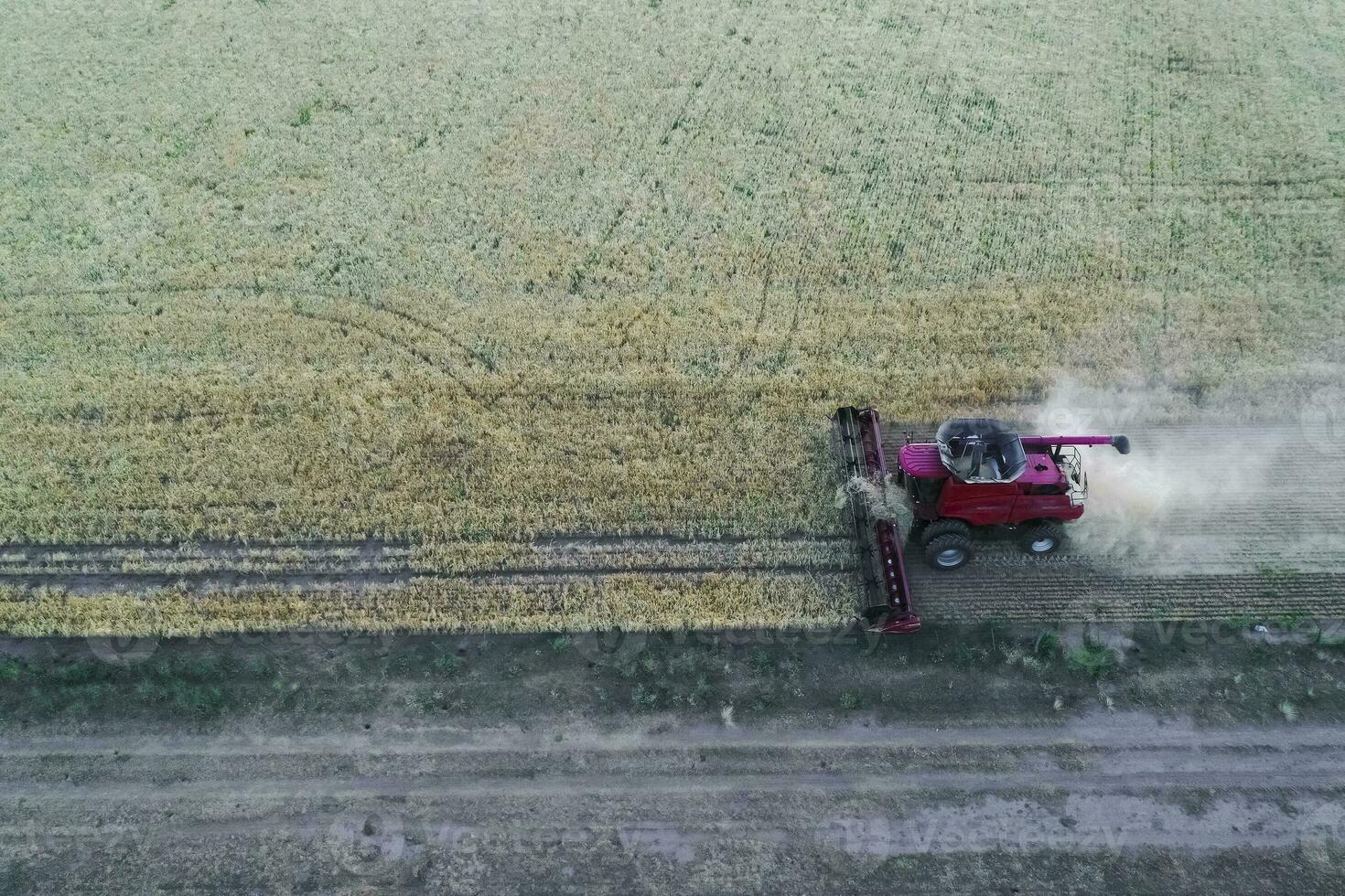 oogstmachine in pampa platteland, antenne visie, la pampa provincie, Argentinië. foto