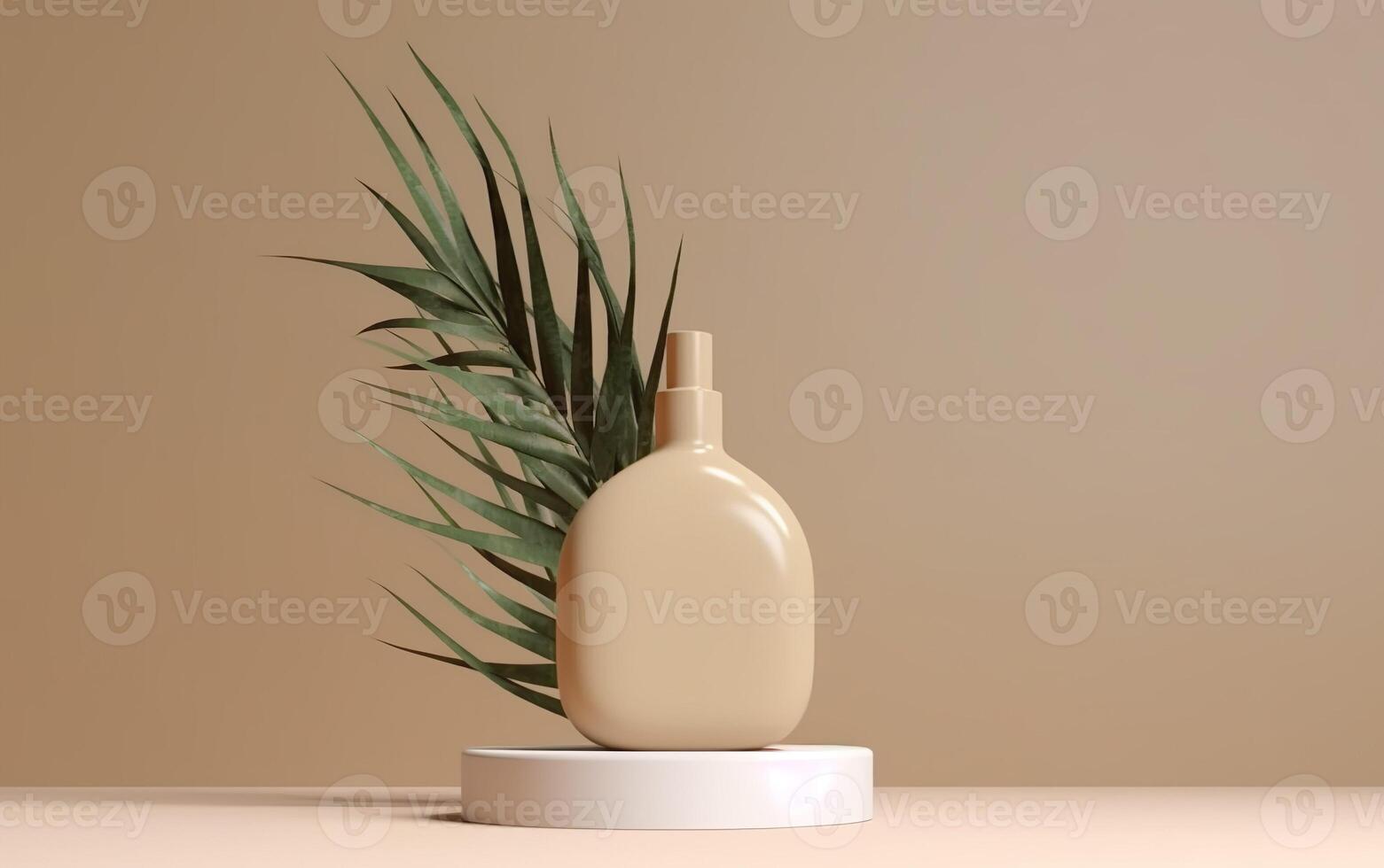 kunstmatig Product in een beige fles Aan een wit podium met een blad Aan een beige achtergrond. ai, generatief ai foto