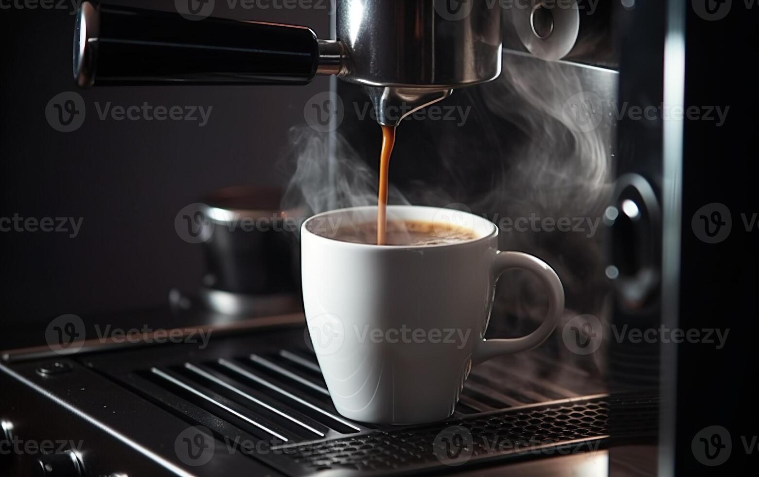 koffie in een wit mok omringd door stoom- van de koffie machine. ai, generatief ai foto