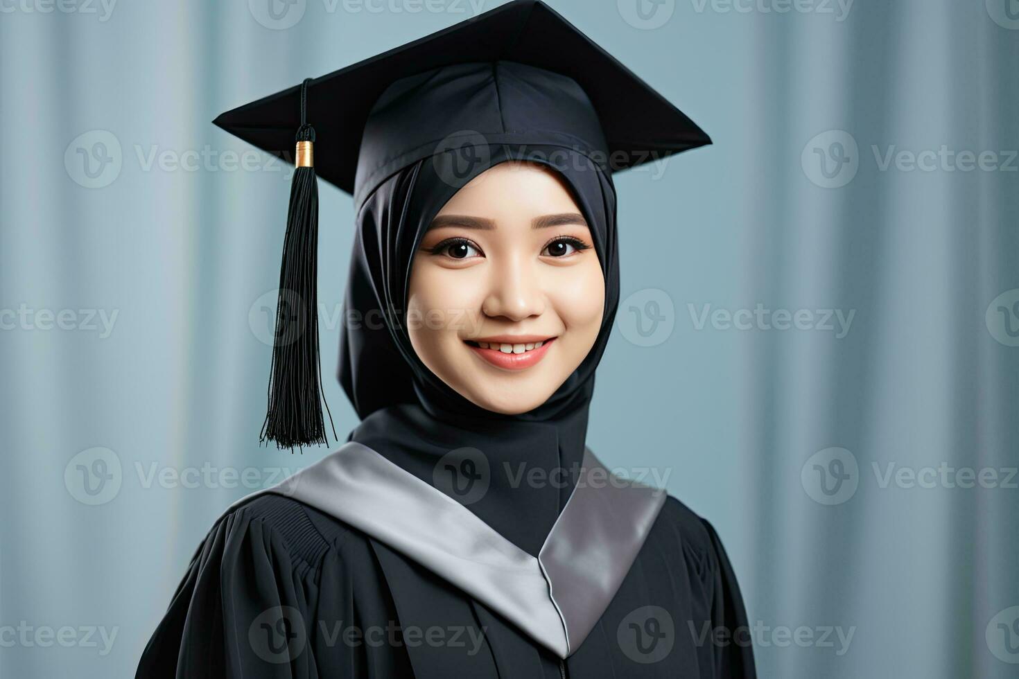 Aziatisch moslim vrouw vervelend diploma uitreiking japon en kap. ai gegenereerd foto