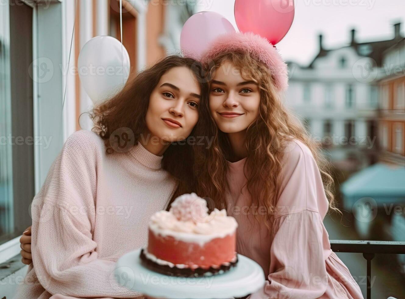 twee mooi meisjes in roze truien Aan de straat met taart en ballonnen. ai gegenereerd foto
