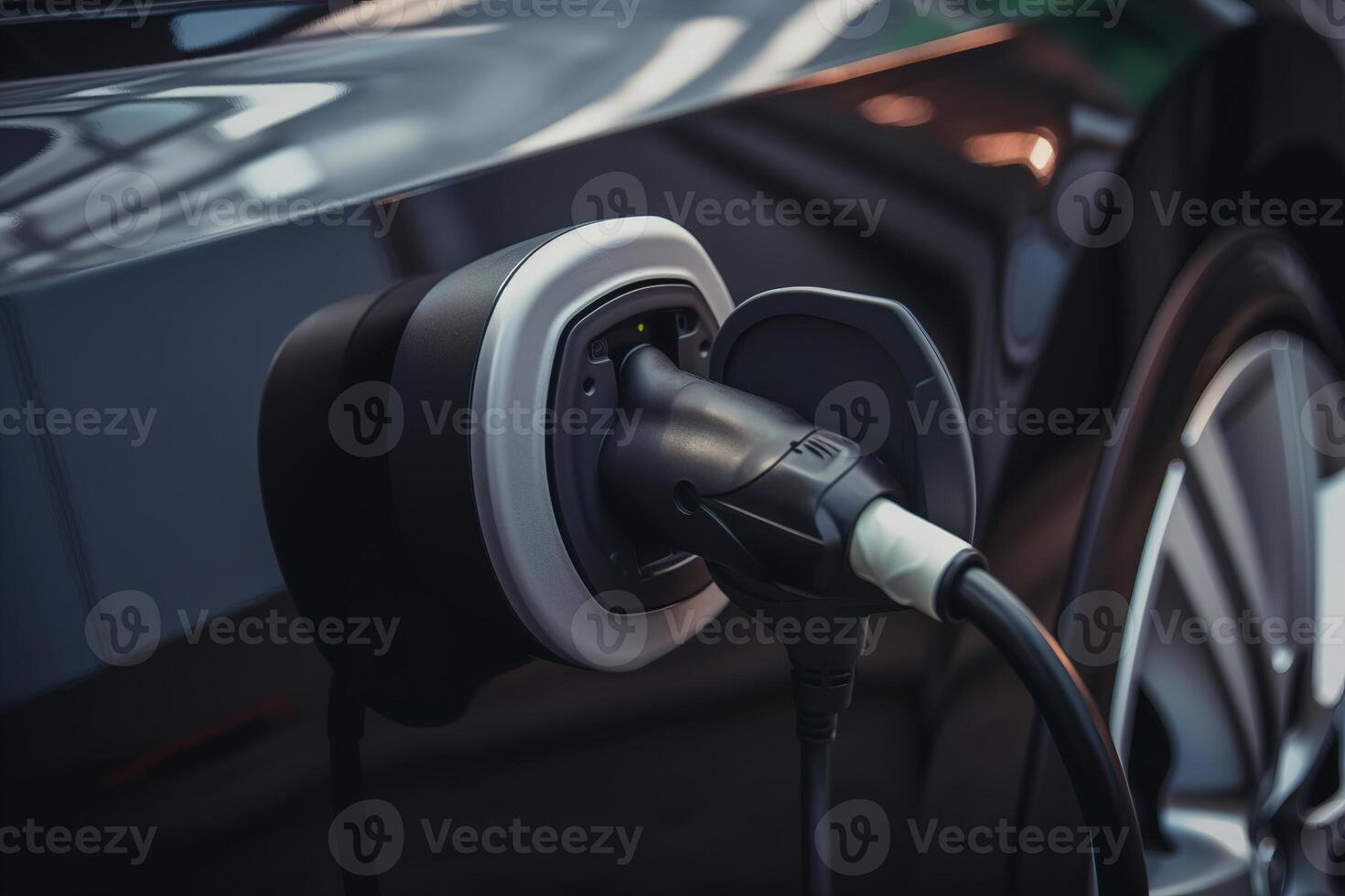 detailopname van een elektrisch opladen macht kabel in een milieuvriendelijk vriendelijk voertuig stopcontact. generatief ai foto