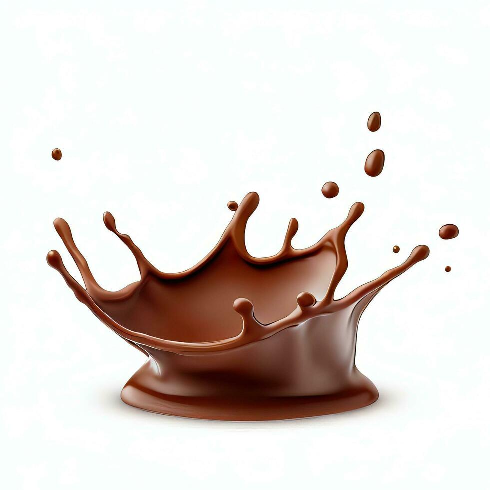 chocola vloeistof plons kroon stromen met bubbels en druppels geïsoleerd Aan wit achtergrond. generatief ai foto