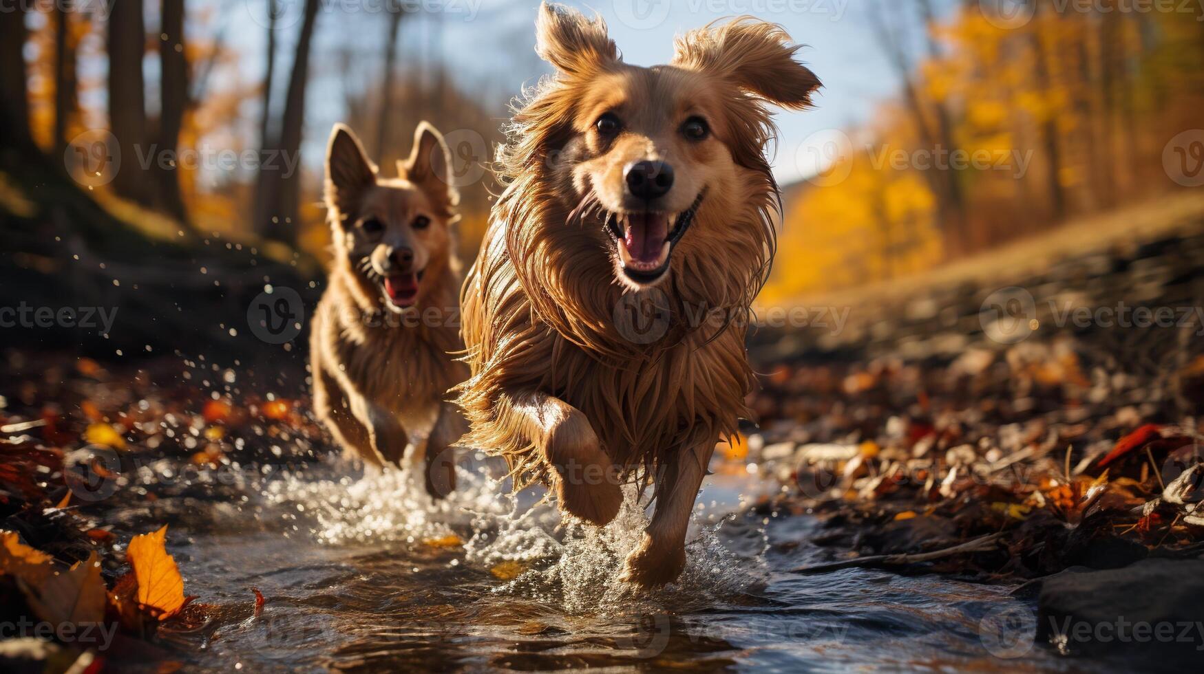 honden wandelen in de herfst Woud of park generatief ai foto