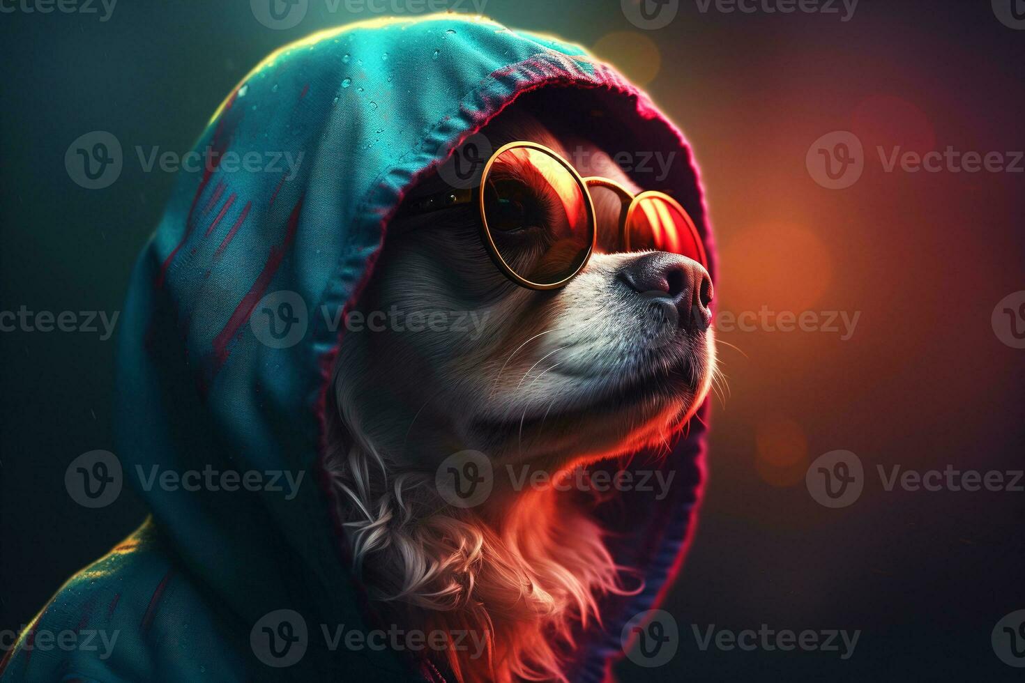 grappig rasecht hipster huisdier met bril en een kap, elegant koel hond op zoek weg. dier portret, generatief ai foto