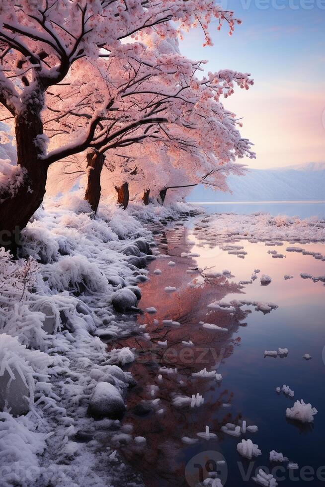 verbijsterend levendig winter zonsondergang, vorst gedekt takken. ai generatief foto