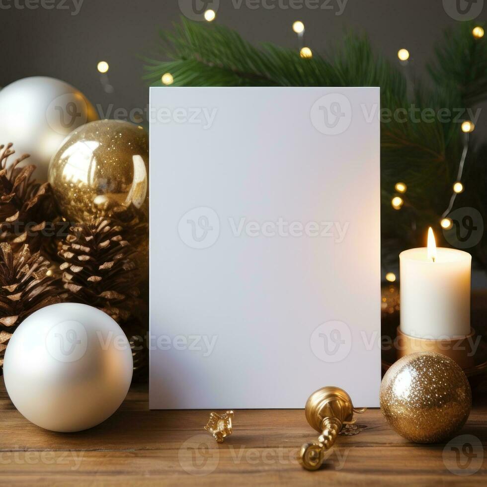 blanco wit groet kaart model, mooi achtergrond versierd voor Kerstmis foto