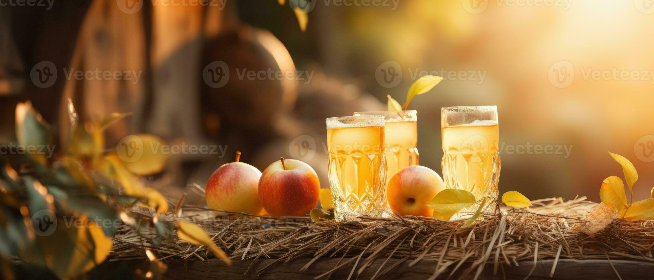 een glas van cider Aan houten tafel met specerijen foto