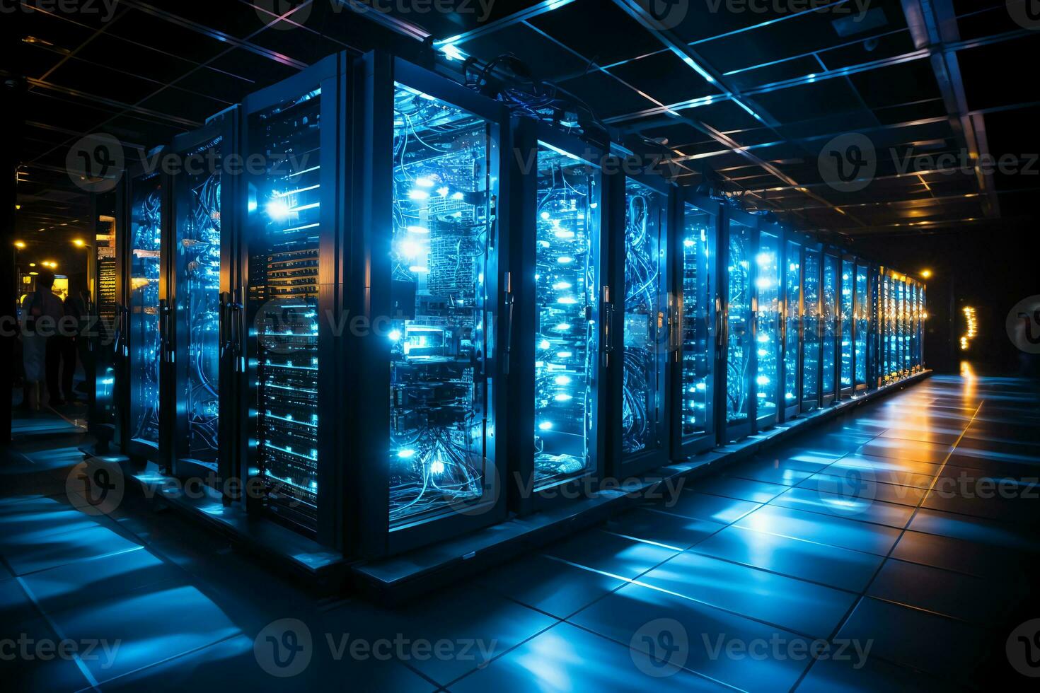 rij van netwerk servers met gloeiend LED lichten. ai generatief foto