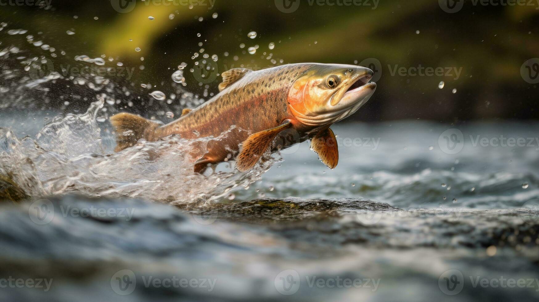 Zalm jumping uit van de water ai gegenereerd foto