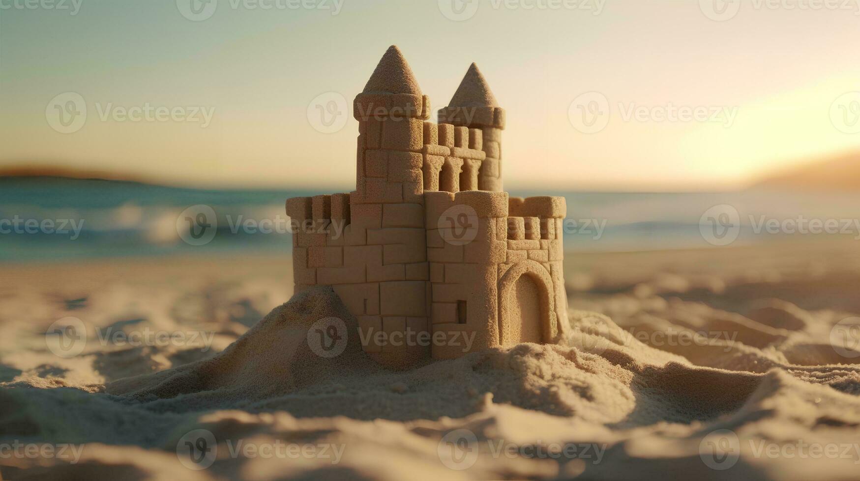 zand kasteel Aan de strand ai gegenereerd foto