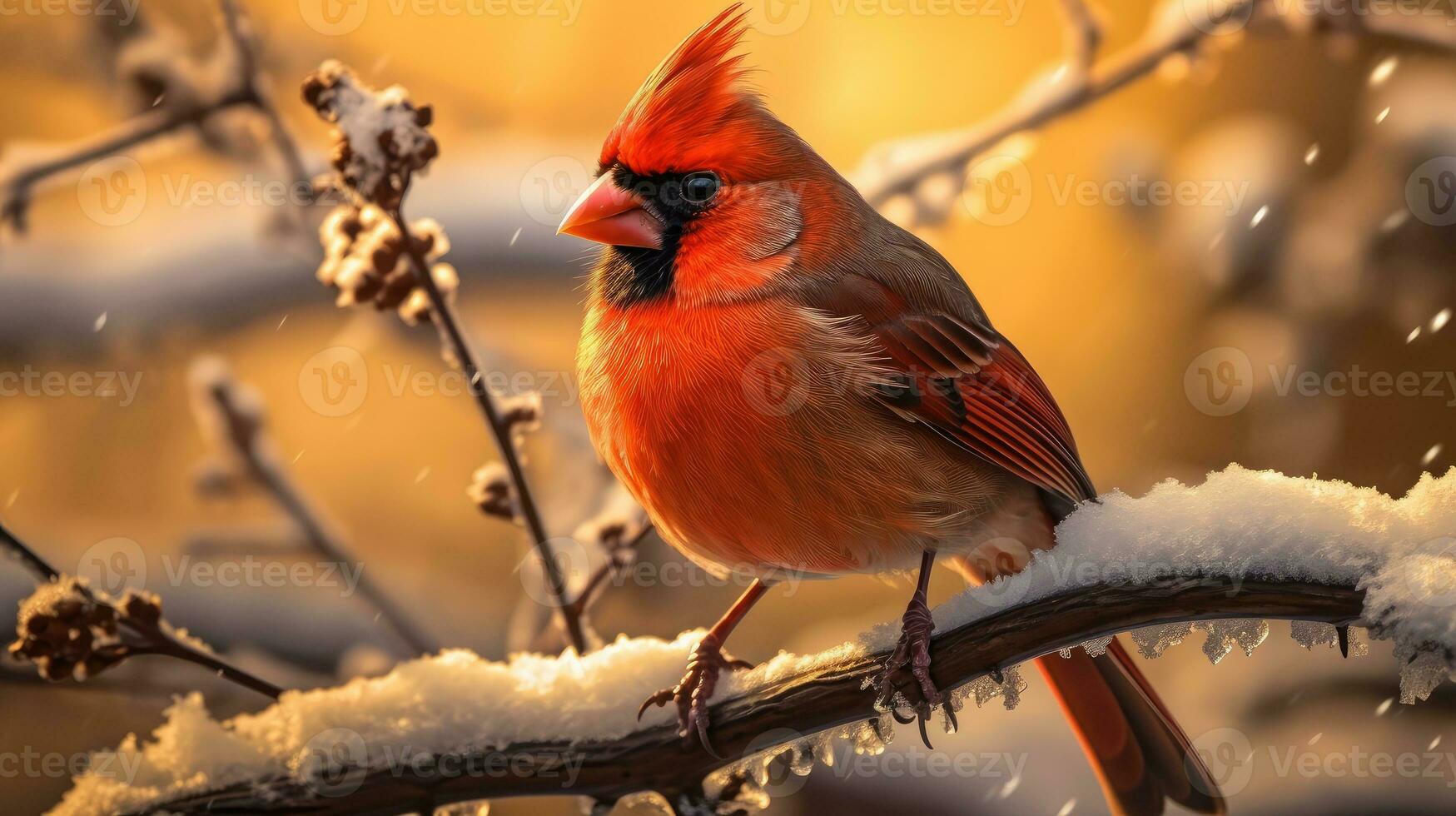 kardinaal Aan een besneeuwd boomtak ai gegenereerd foto