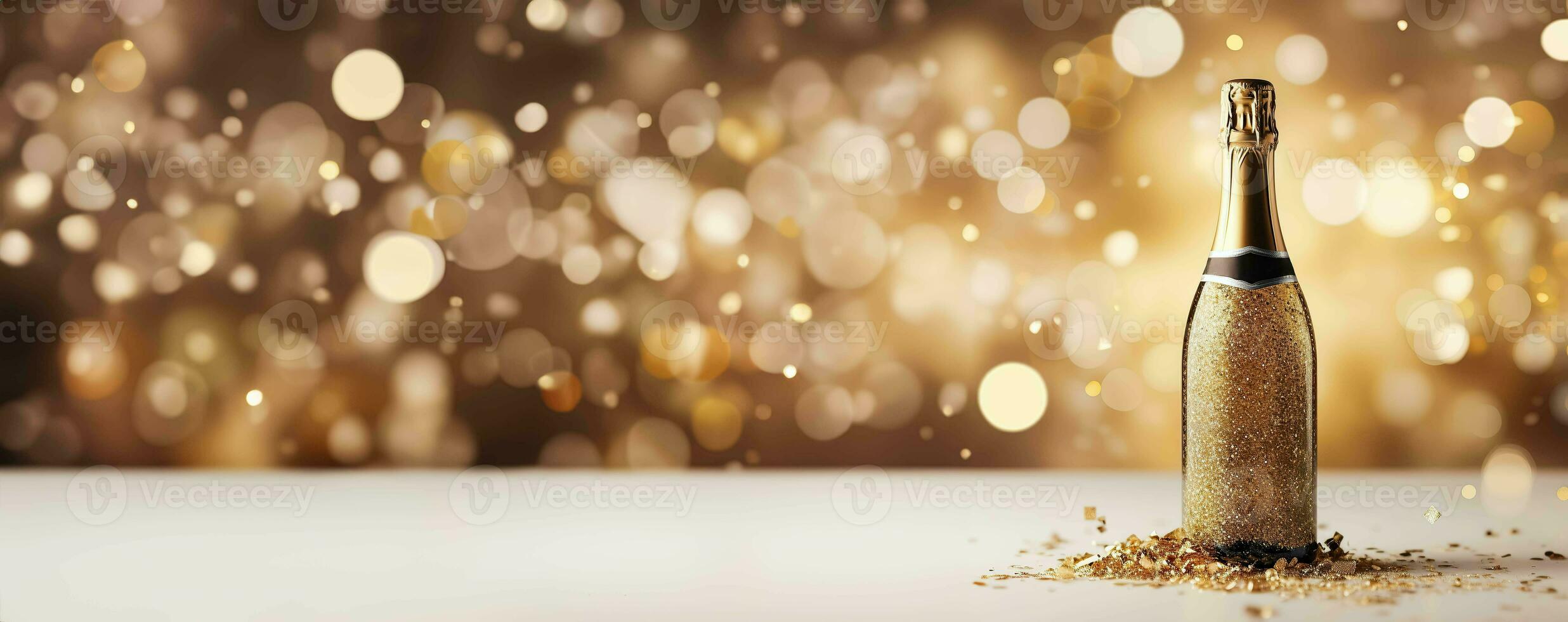 viering achtergrond met gouden Champagne fles confetti sterren en partij slingers foto
