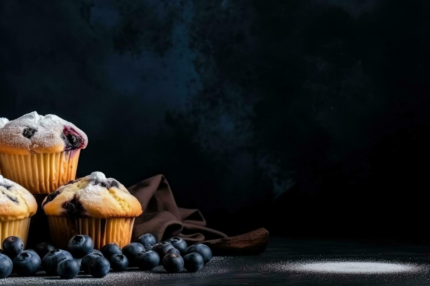 heerlijk bosbes muffins donker achtergrond met leeg ruimte voor tekst foto