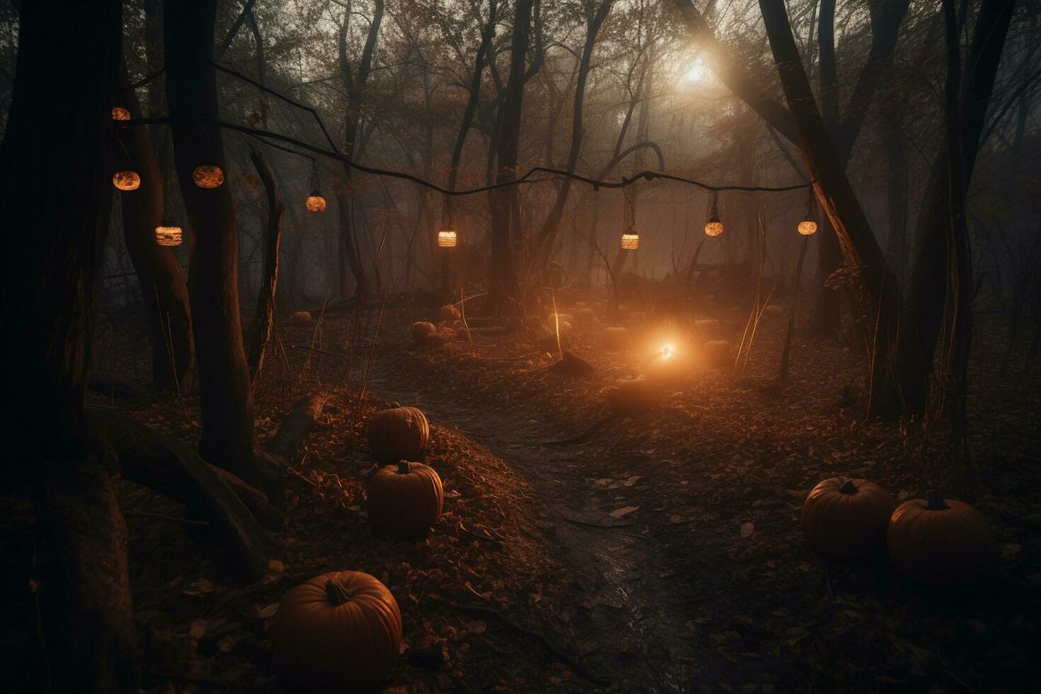 spookachtig halloween pompoen in de Woud gemaakt gebruik makend van generatief ai foto